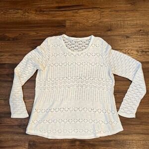 Vintage White Knit Crochet Sweater Medium Women Cottagecore Boho Coastal Grandma